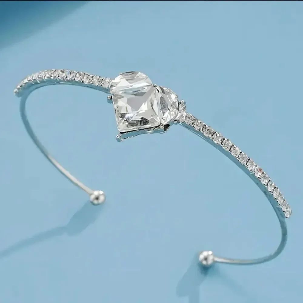Silver Rhinestone Heart Bangle Bracelet - Picture 4 of 4